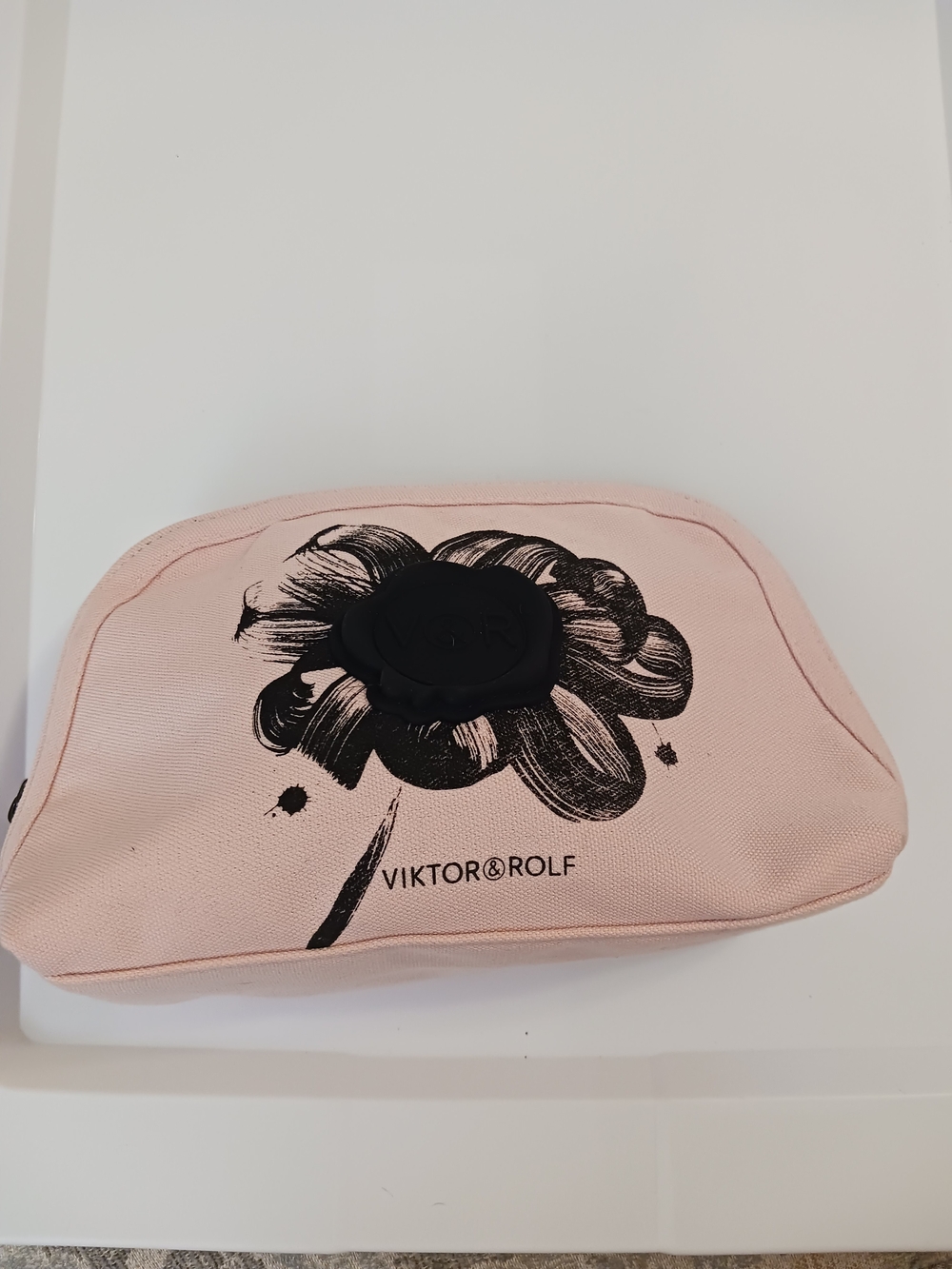 Viktor & Rolf Blush Pink Canvas Cosmetic Pouch with Black Floral Print
